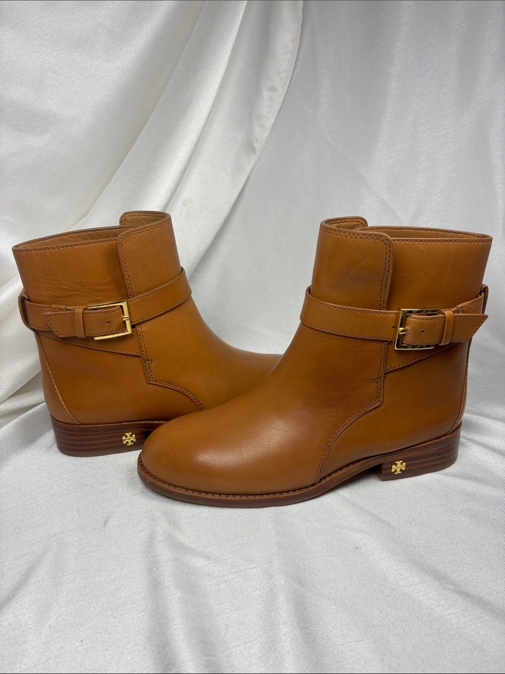 Tory Burch Classic Caramel Leather Ankle Boots with Gold Buckle